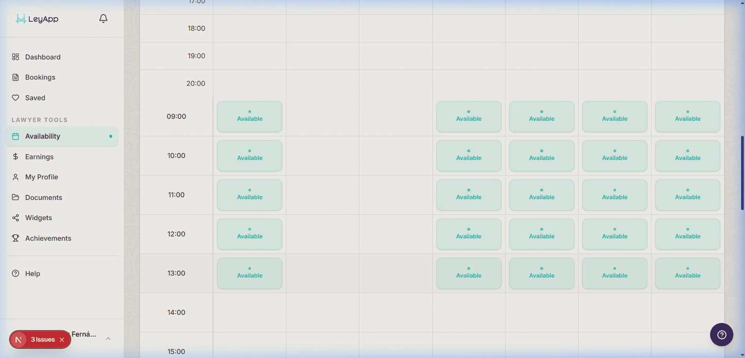 Availability schedule setup view