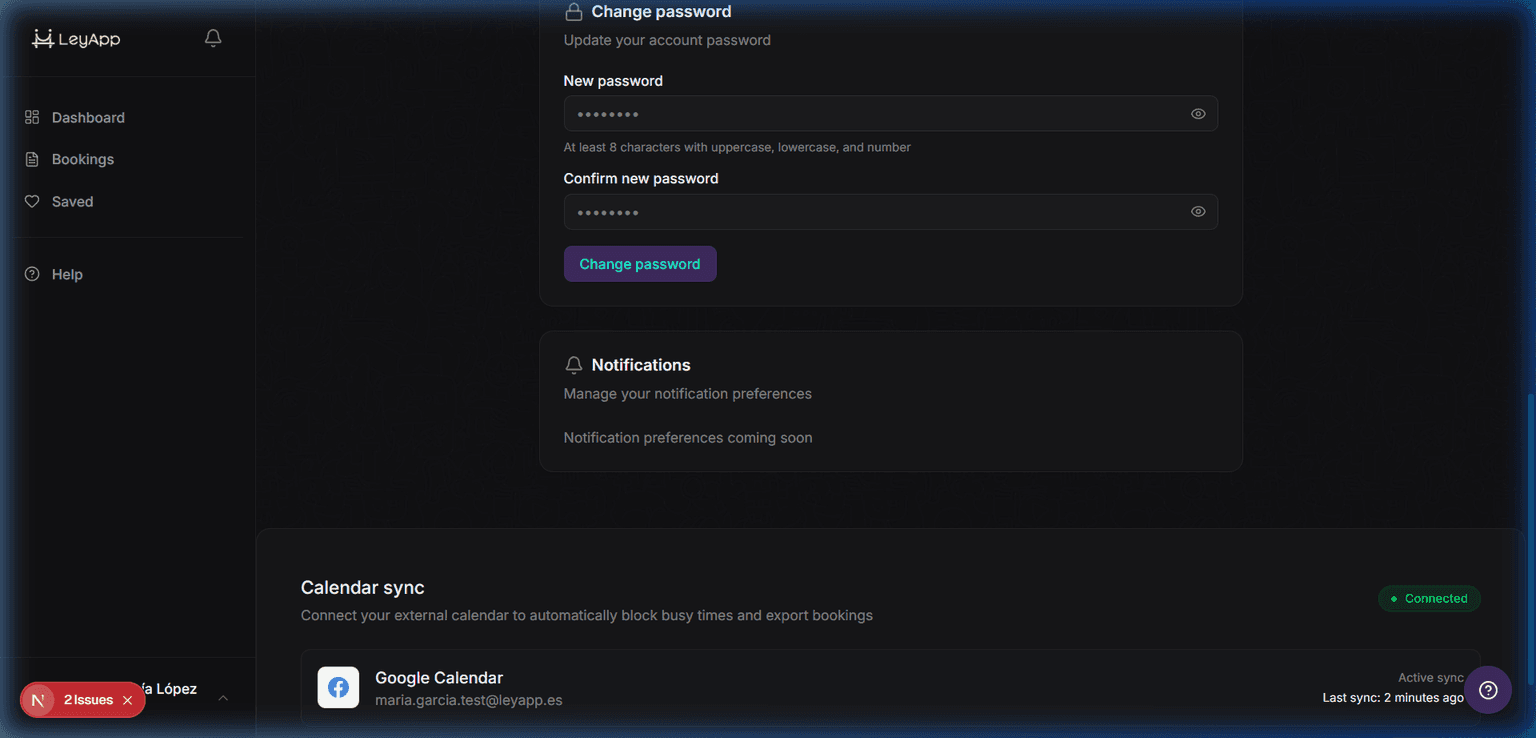 Calendar sync settings screenshot