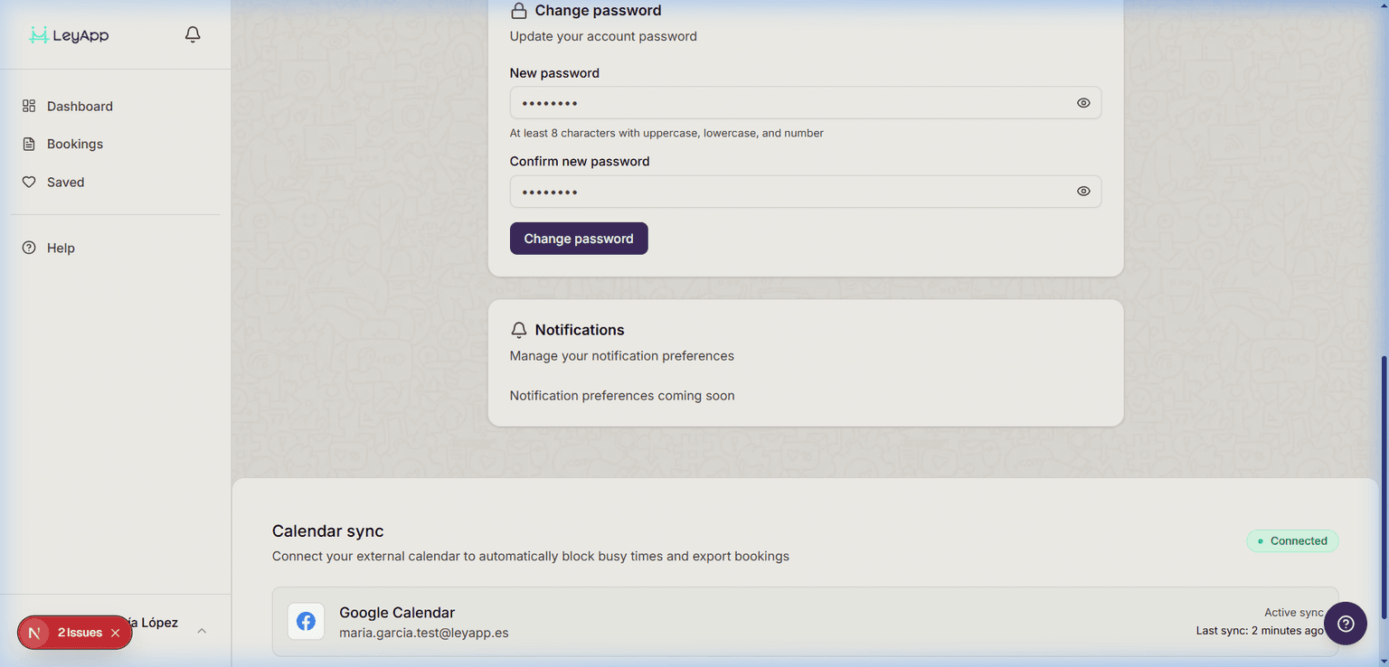 Calendar sync settings screenshot